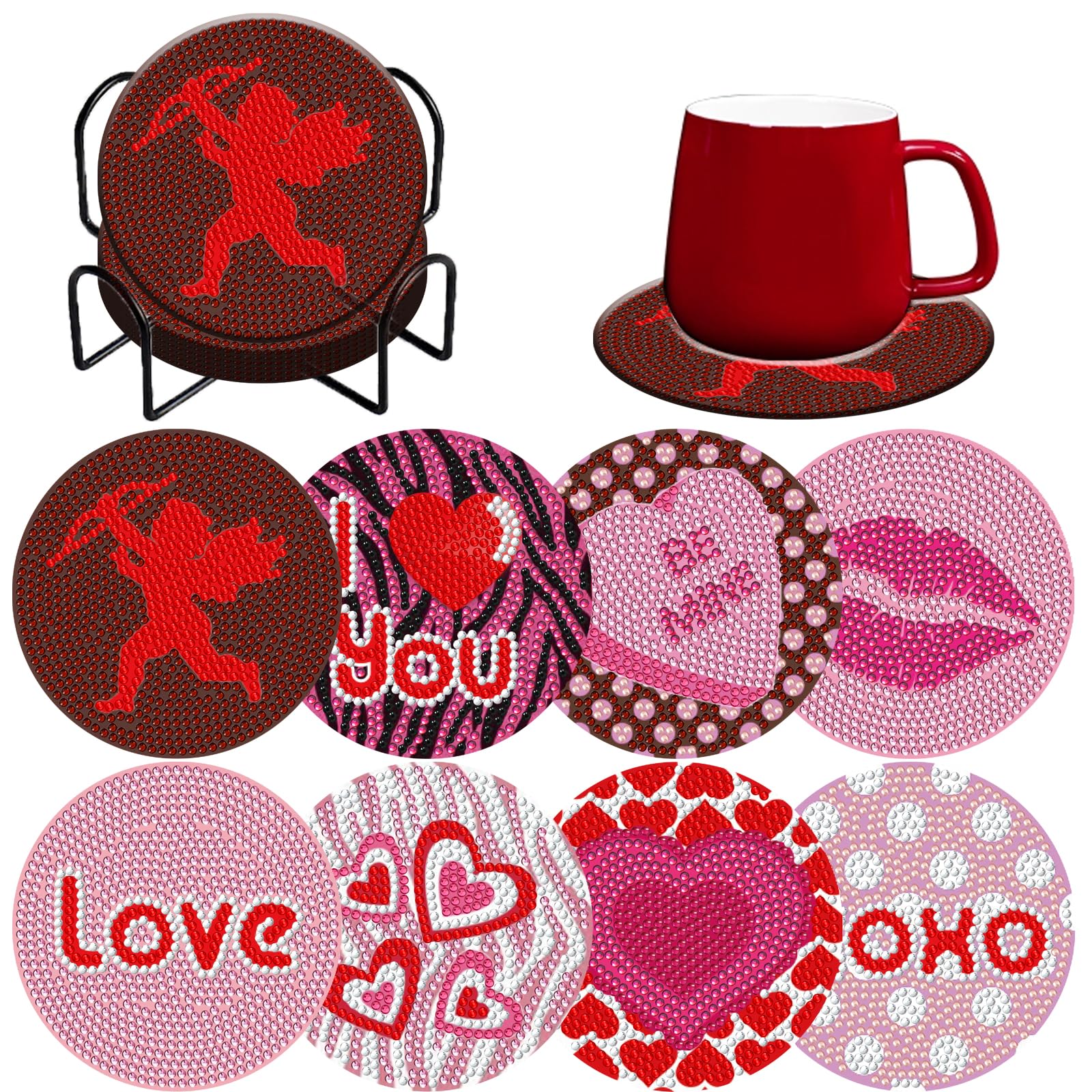 Denylo pro 8 Pcs Valentine's Day Diamond Art Painting Coasters Kits with  Holder DIY Valentine's Day Diamond Art Coaster for Adults Diamond Painting  Kits Supplies for Valentine's Day Gift